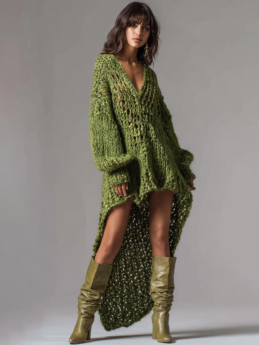 Ursiime Party Army Green V Neck Long Sleeve Asymmetric Hem Western Rib Knit Mini Dresses [Pre-Order]