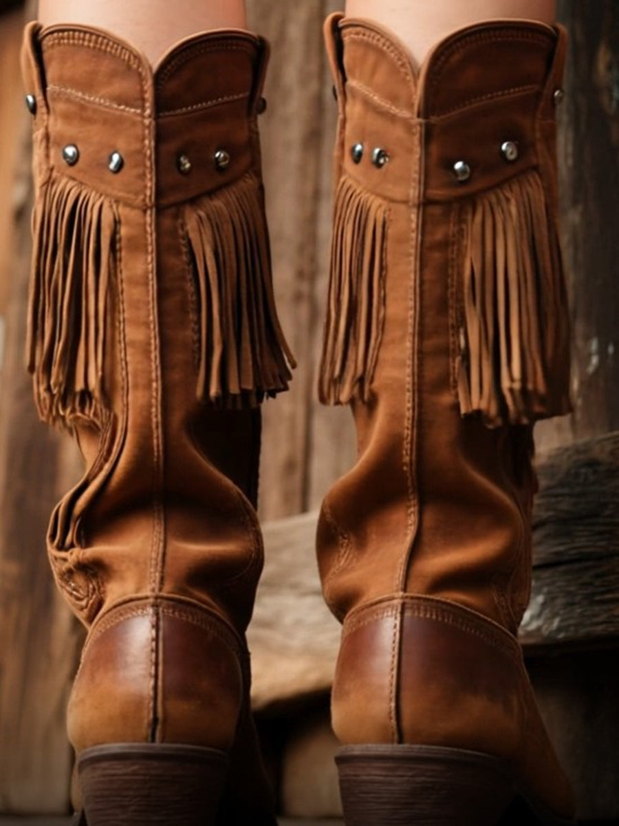 Western Dark Brown Studded Fringe Embroidery PU Leather Mid-Calf Knight Boots