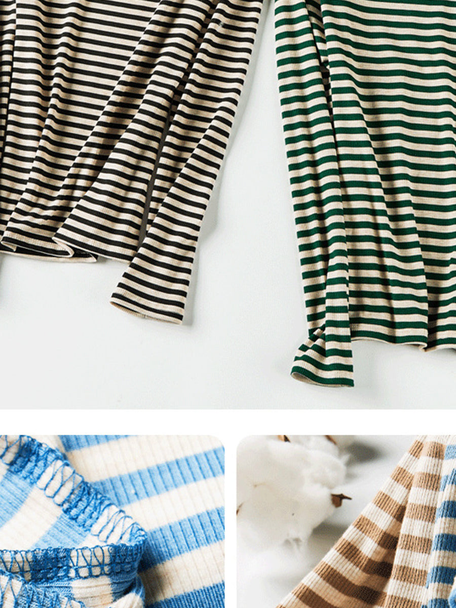 Casual Striped Turtleneck Long Sleeve Ribbed Knit Top