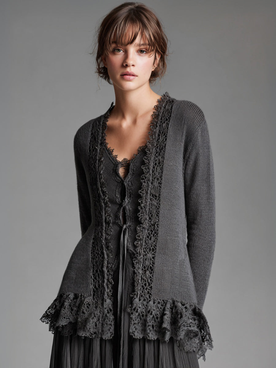 Ursiime Daily Grey Long Sleeve Ruffle Casual Contrast Cardigans [Pre-Order]