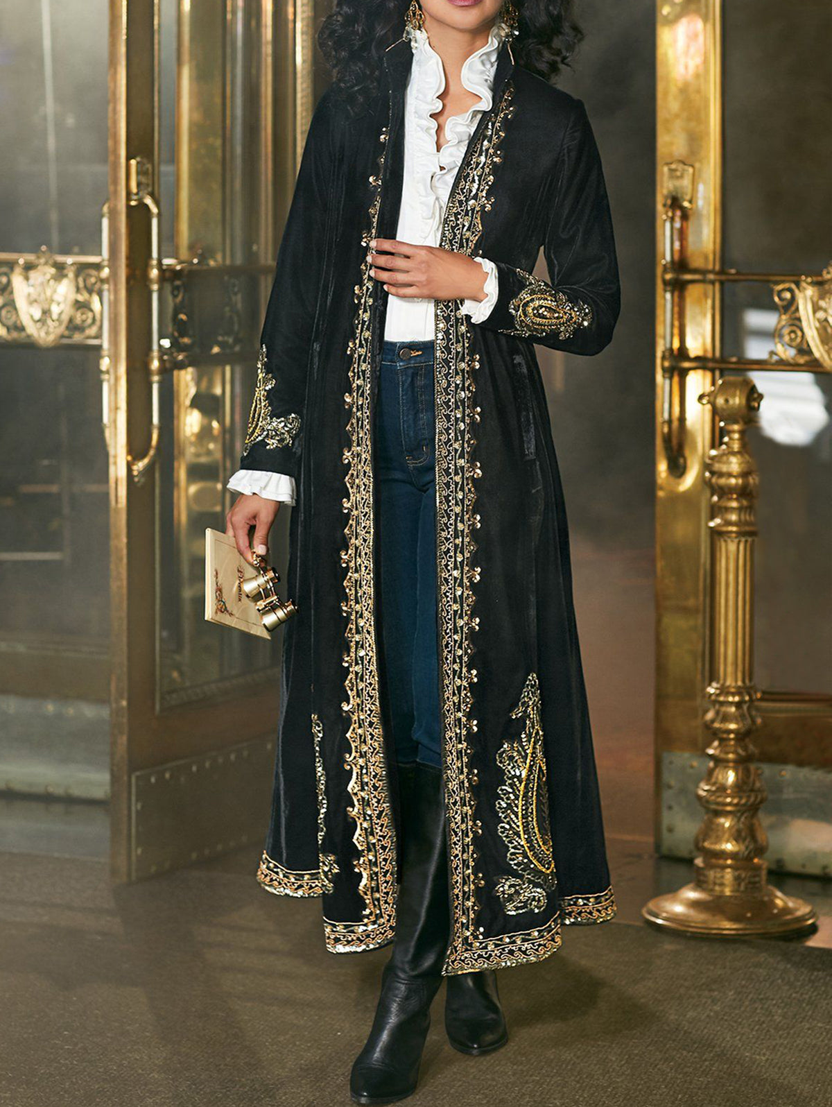 Velvet Stand Collar Geo Pattern Long Sleeve Ankle Length Coat