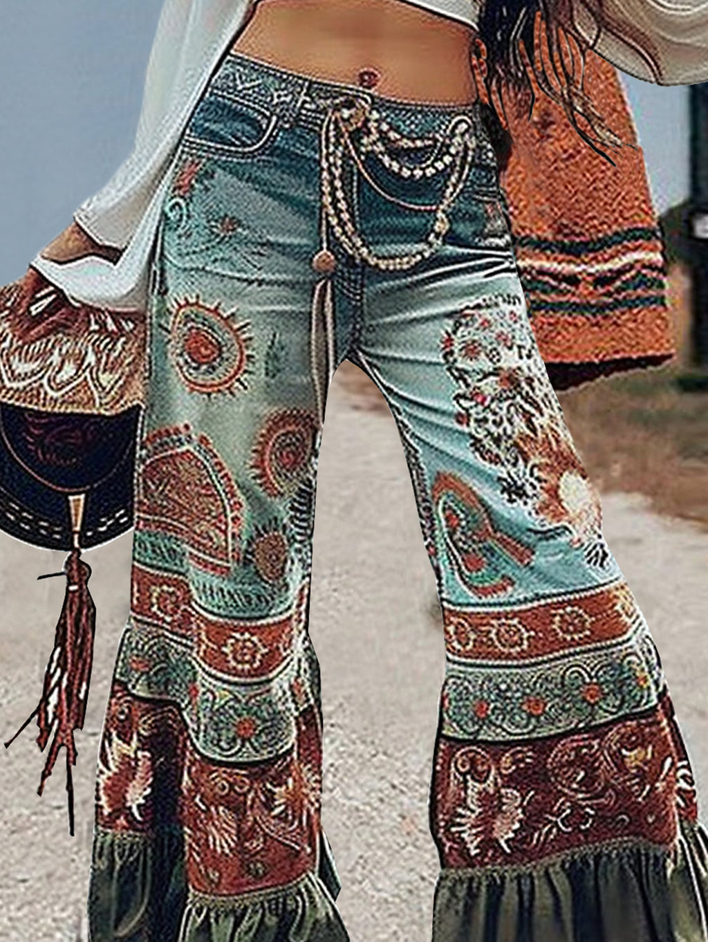 Ursiime Boho Print Ruffle Hem Flare Pants