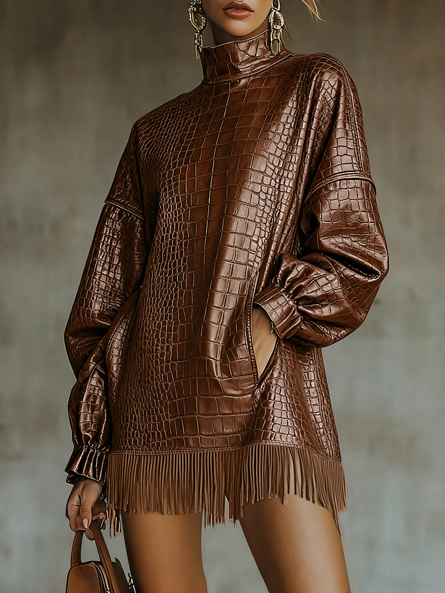 Ursime Fashion Dark Brown High Neck Lantern Sleeve Pocket Fringe Crocodile PU Leather Mini Dress
