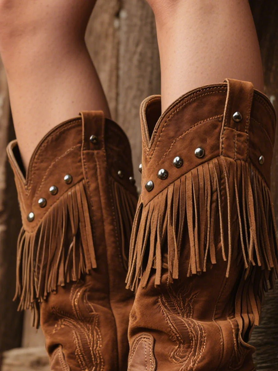 Western Dark Brown Studded Fringe Embroidery PU Leather Mid-Calf Knight Boots