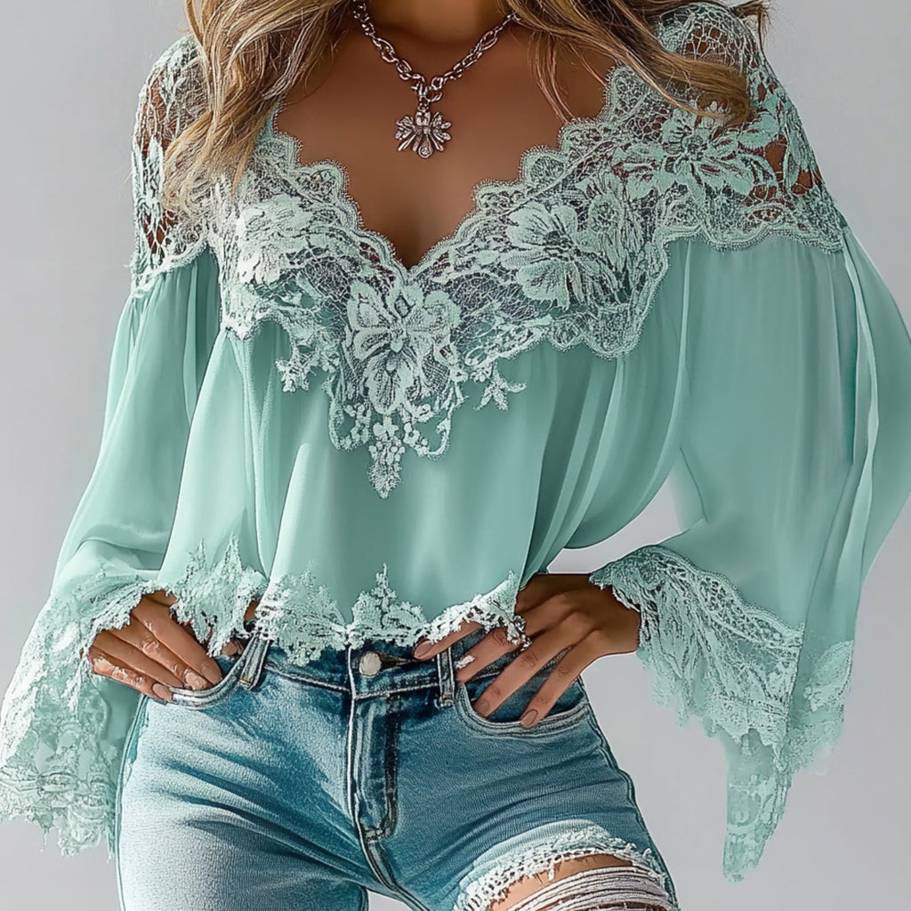Ursiime Casual Floral Lace V Neck Long Sleeve Blouse