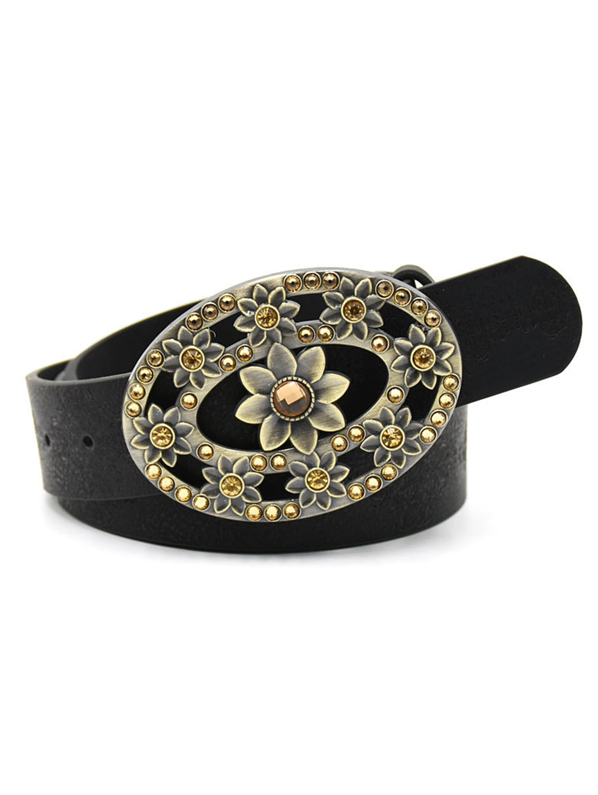 Retro Rhinestone Floral Buckle PU leather Belt