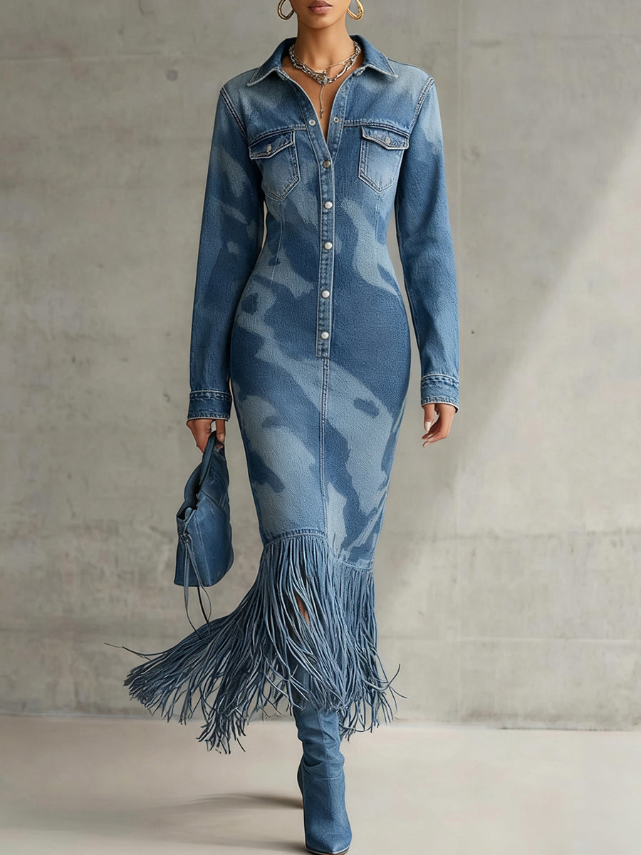 Ursiime Party Blue Camo Shirt Collar Long Sleeve Strappy Vintage Pocket Denim Midi Dresses [Pre-Order]
