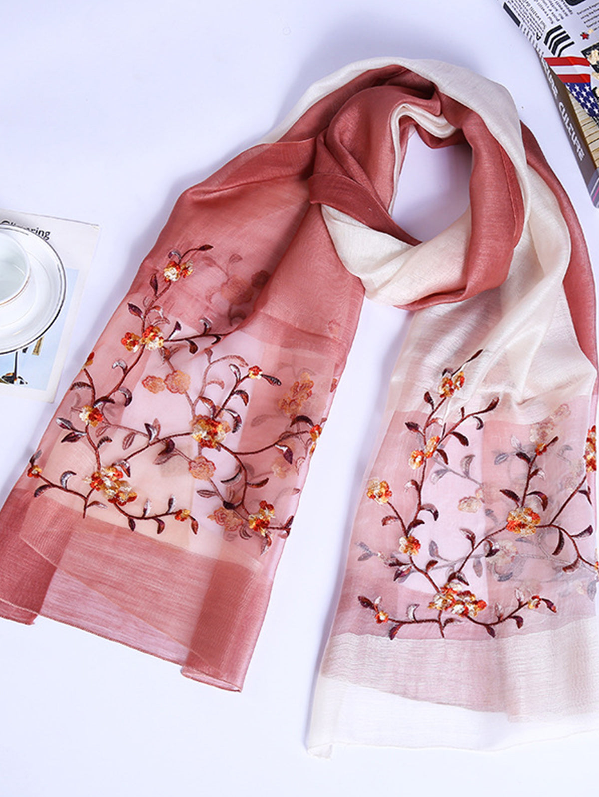 Daily Silk Gradient Floral Embroidery Rectangular Scarf