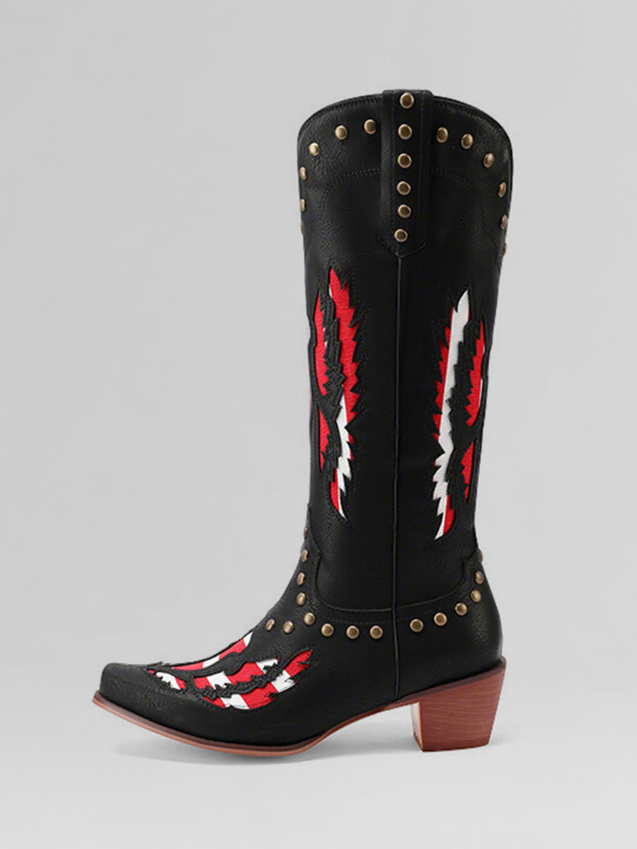 Western Apricot PU Leather Colorblock Studded Pointed Toe Cowboy Boots
