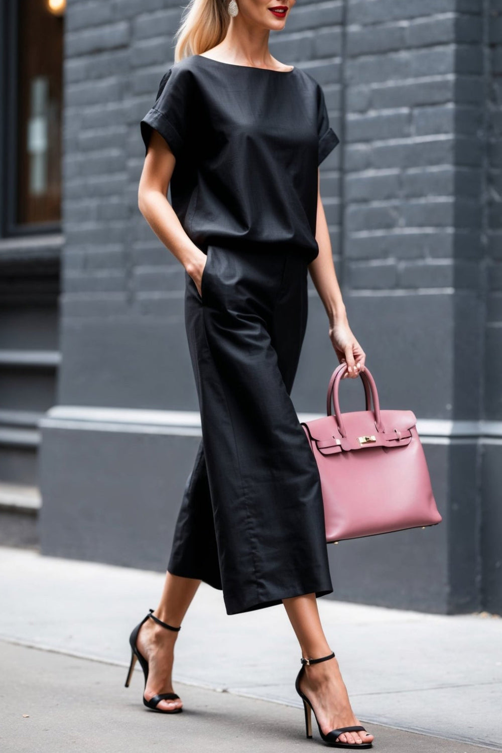 Ursiime Design Business Casual Black Round Neck Short Sleeve Pocket Elegant Two Piece Pant Sets [Pre-Order]