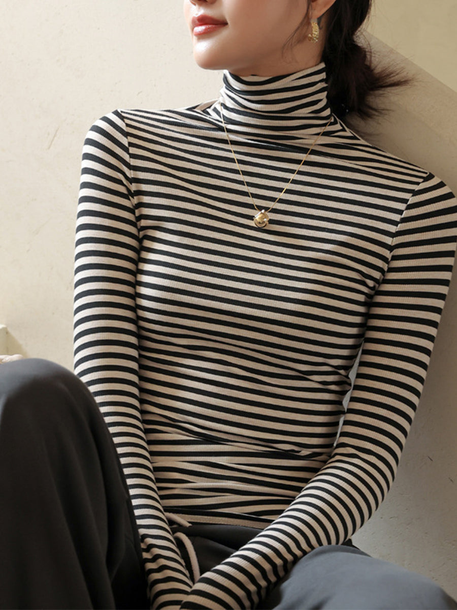 Casual Striped Turtleneck Long Sleeve Ribbed Knit Top