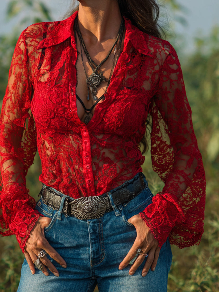 Ursiime Western Red Lace See-Through Lantern Sleeve Button Blouse