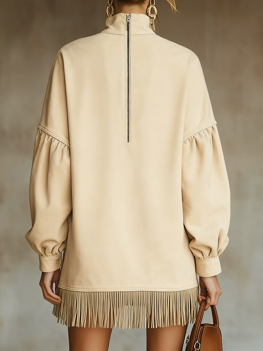 Ursiime Festival Beige High Collar Long Sleeve Embroidery Western Pocket Chamois Mini Dresses