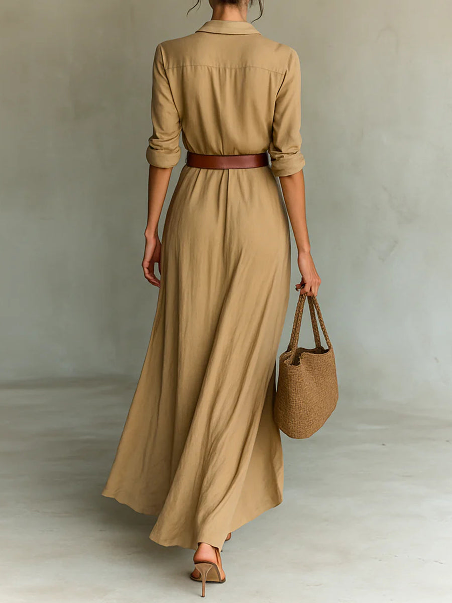 Deep V Neck Shirt Collar Long Sleeve Belted Draped Maxi Dress