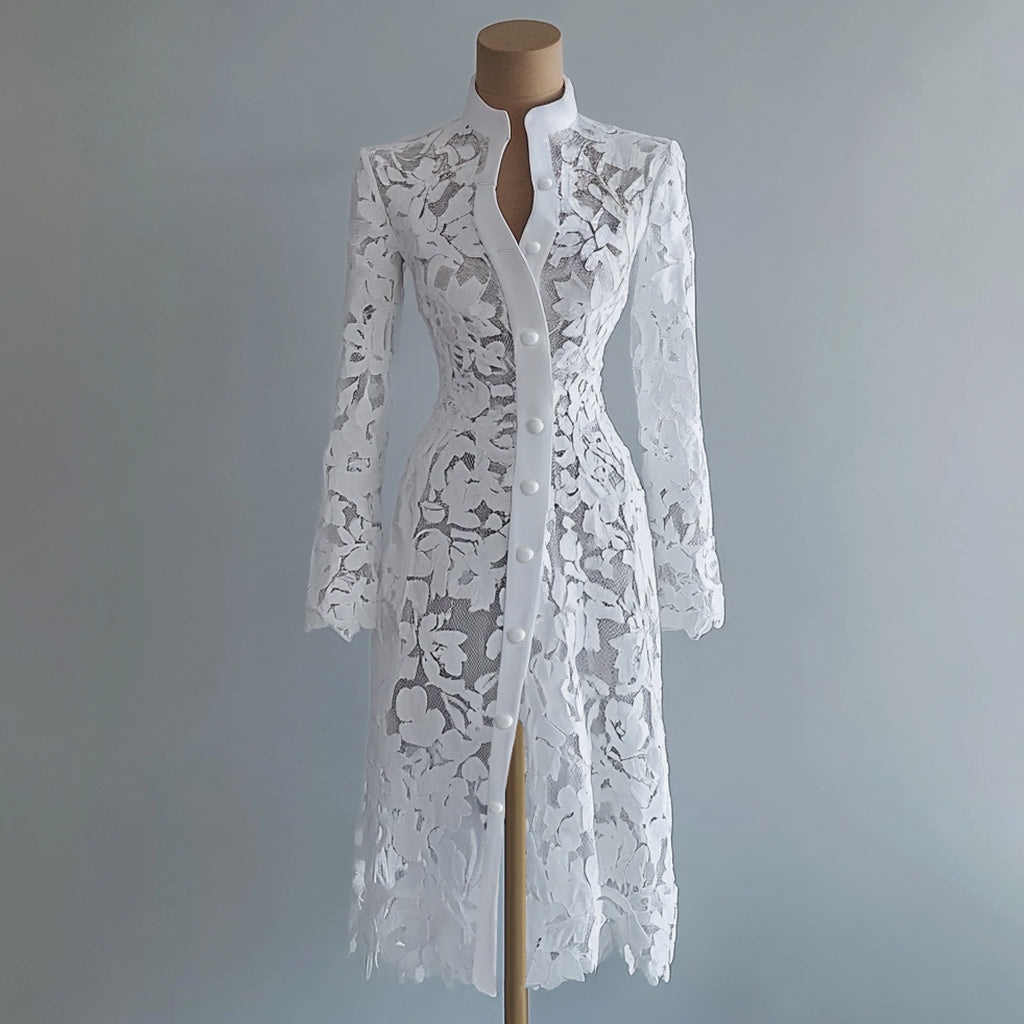 Ursiime Lace Stand Collar Button Long Sleeve Coat Midi Dress