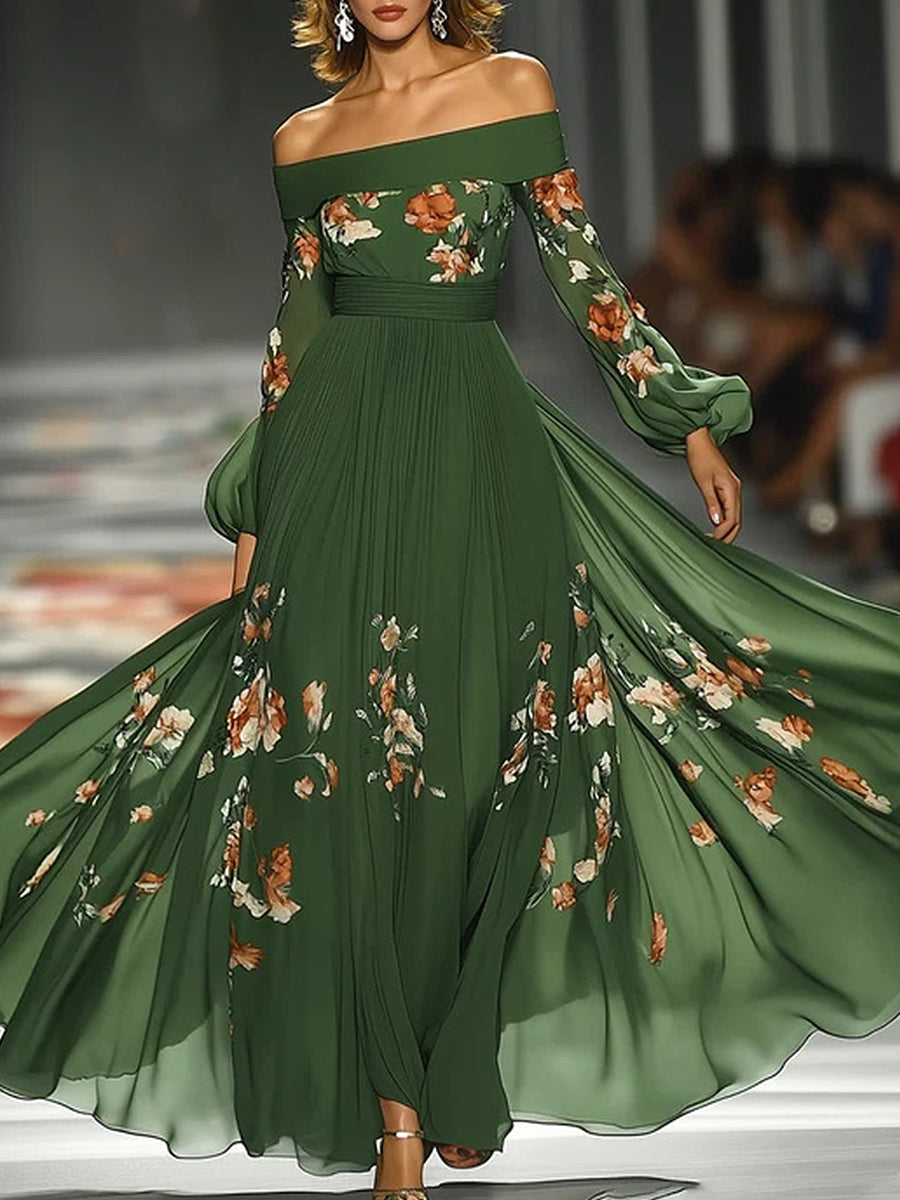 Elegant Dark Green Off Shoulder Lantern Sleeve Floral Print Maxi Dress