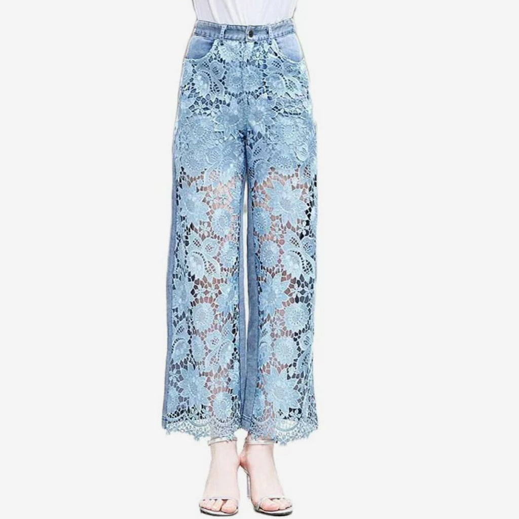 Casual Floral Lace Patchwork Hollow Out Straight Denim Jeans