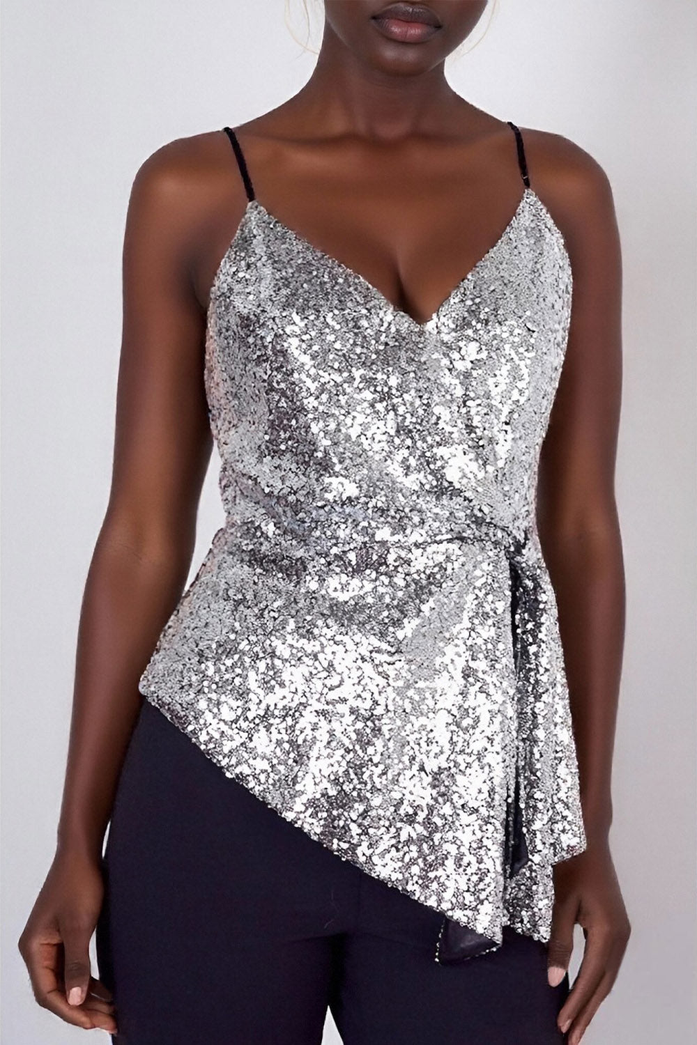 Ursiime Design Party Silver V Neck Asymmetric Hem Elegant Sequin Tank Tops [Pre-Order]