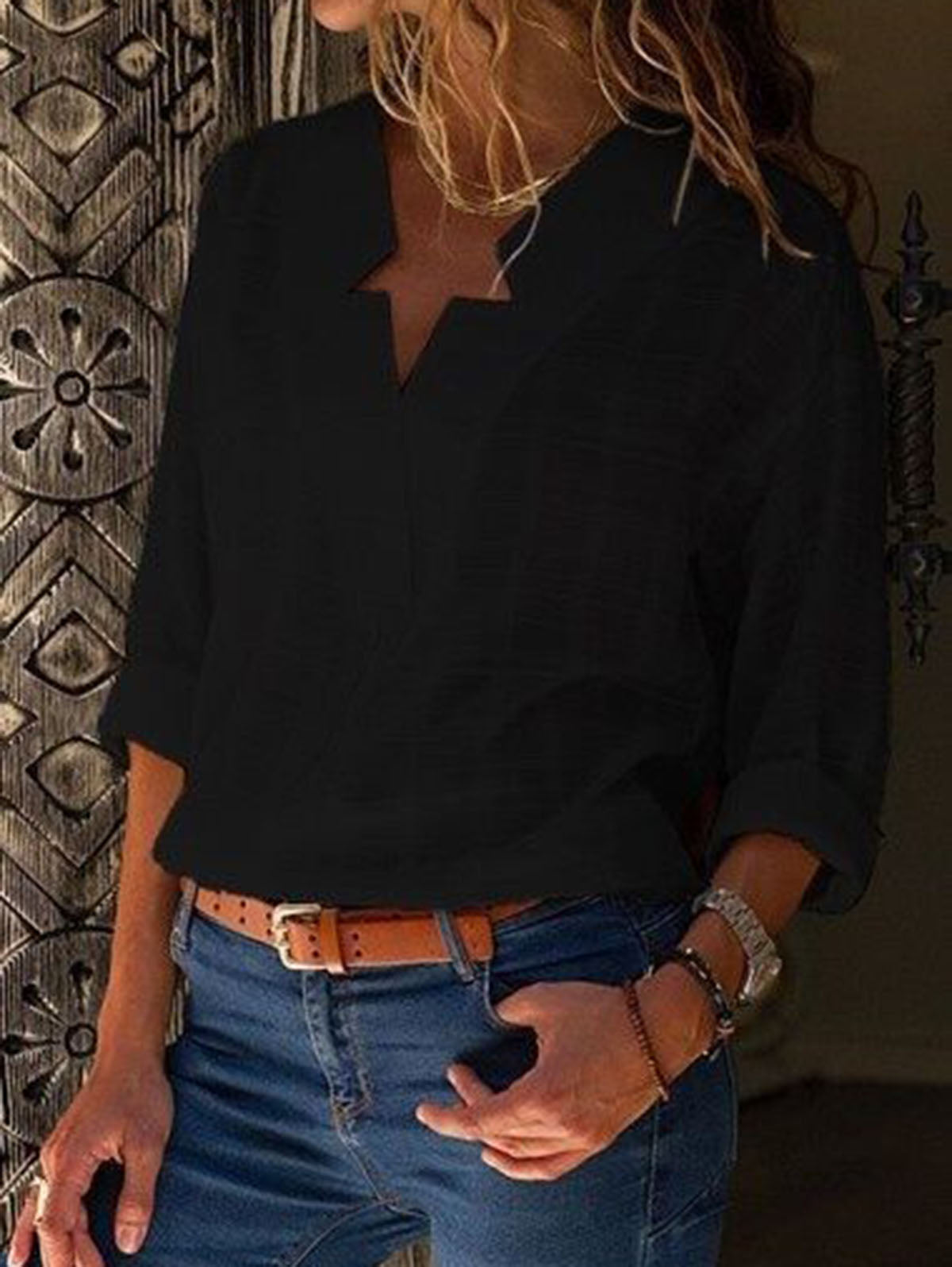 V Neck Long Sleeve Solid Color Shirts