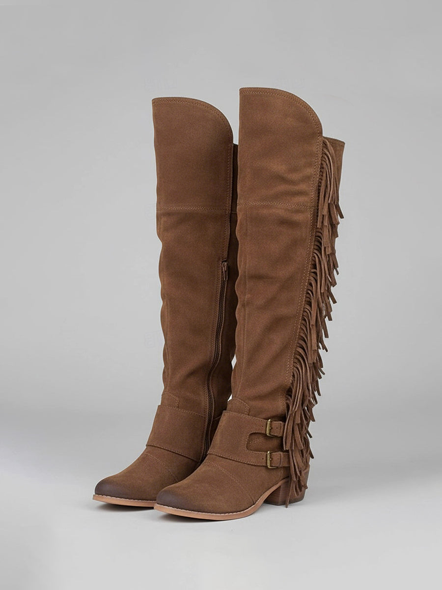 Western Brown Suede Double Buckle Straps Fringe Over-The-Knee Boots