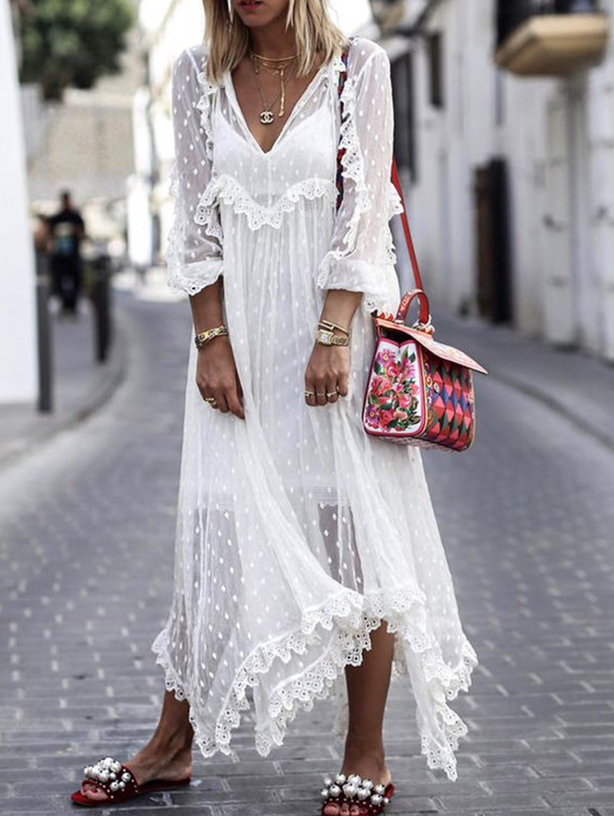 Polka Dot Jacquard See-through V Neck Maxi Dress