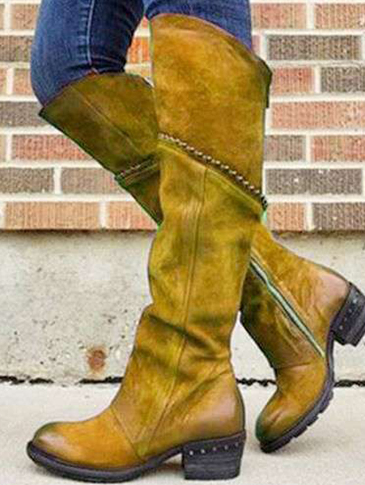 Vintage Solid V Groove Zipper Round Toe Knee High Boot