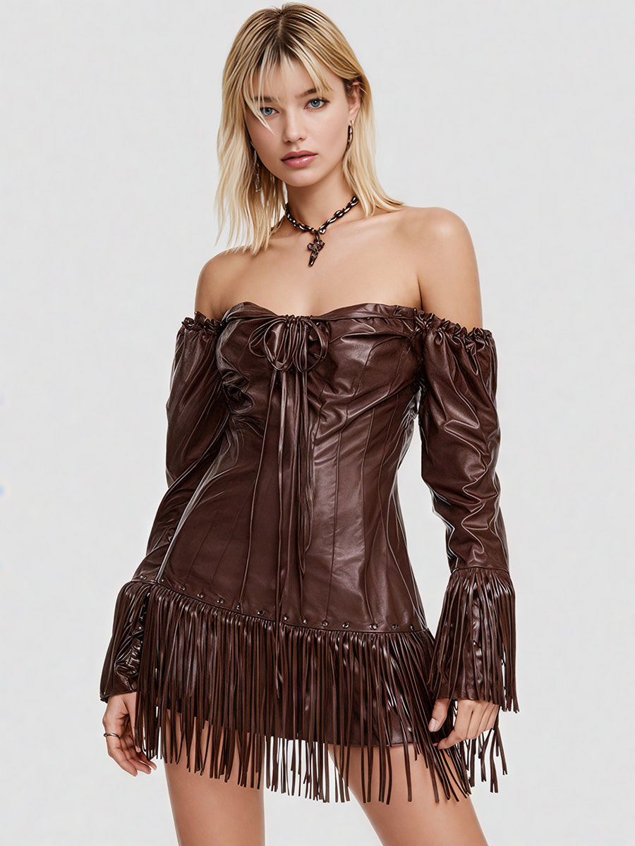 Ursiime Party Brown Off The Shoulder Long Sleeve Strappy Casual PU Leather Mini Dresses