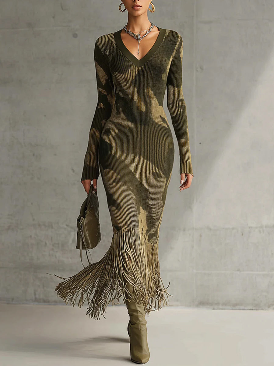 Casual Army Green Camouflage Knit V Neck Long Sleeve Fringe Hem Midi Dress