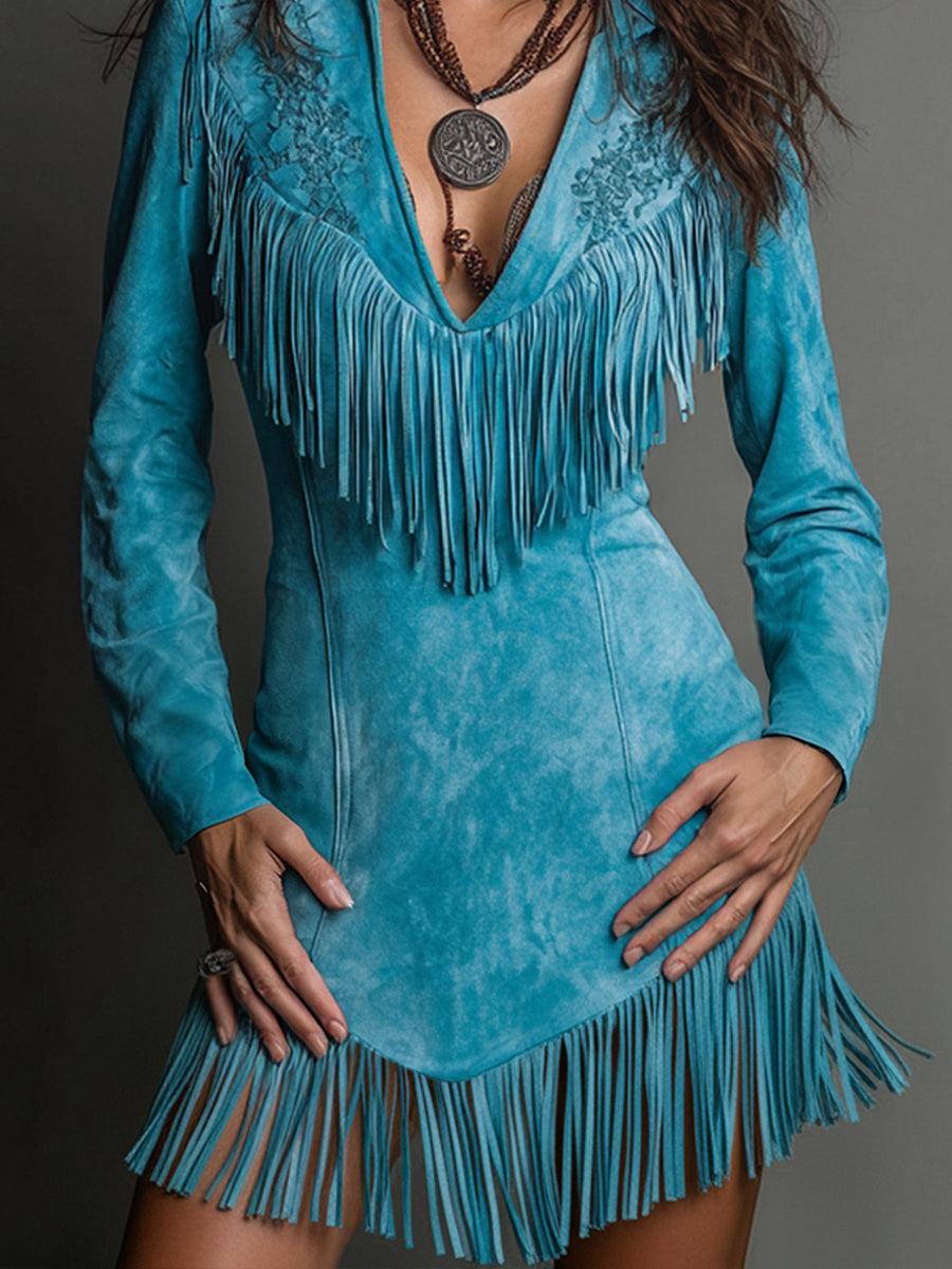 Ursiime Daily Blue V Neck Long Sleeve Strappy Western Embroidery Chamois Mini Dresses [Pre-Order]