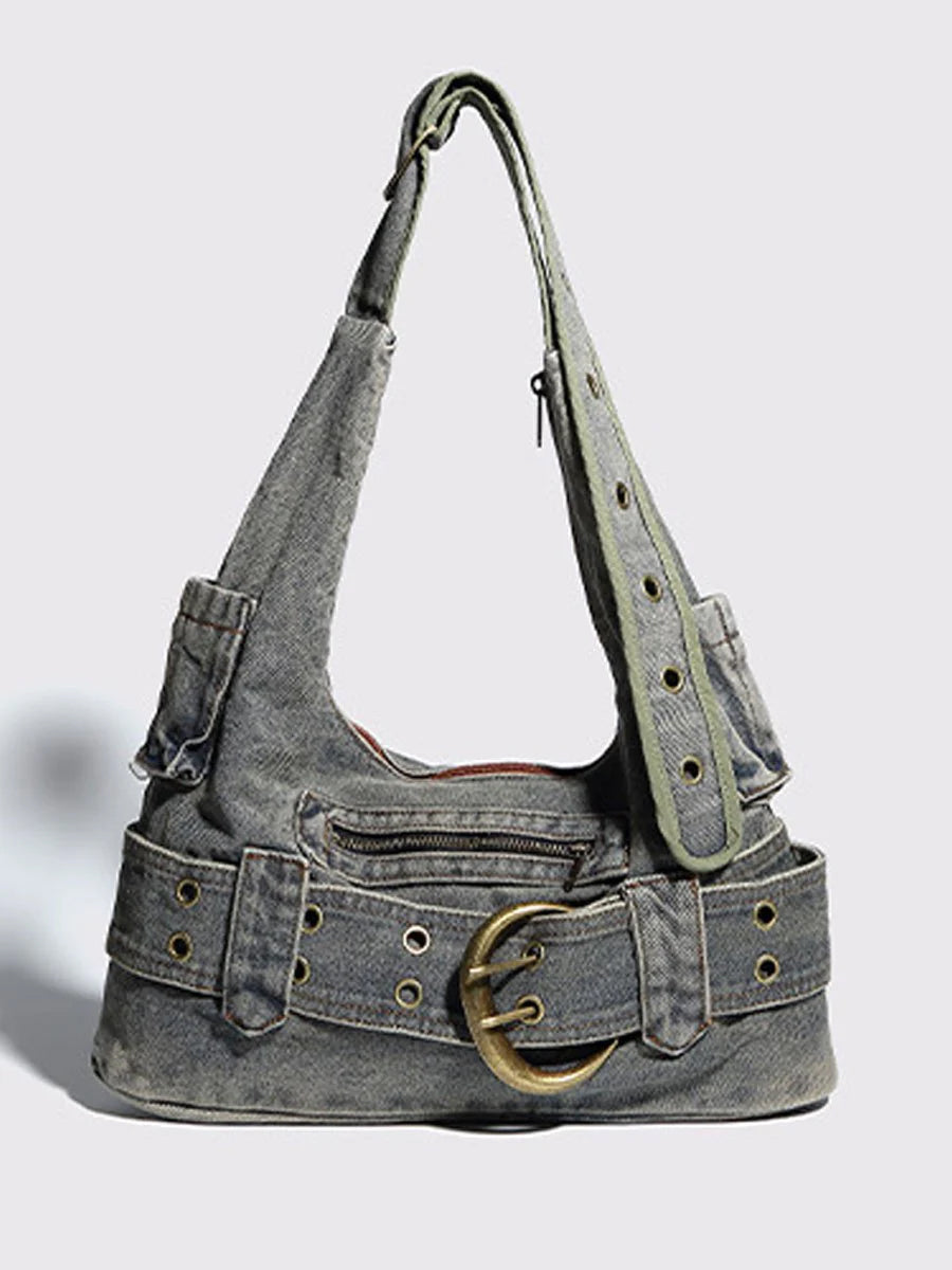 Fashion Distressed Denim Buckle Belt Decor Hobo Bag