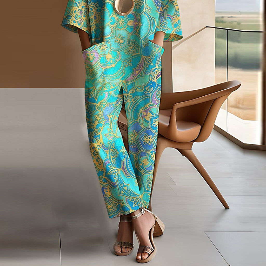 Ursiime Ethnic Patterns Drop Shoulder 3/4 Sleeve Pocket Jumpsuit