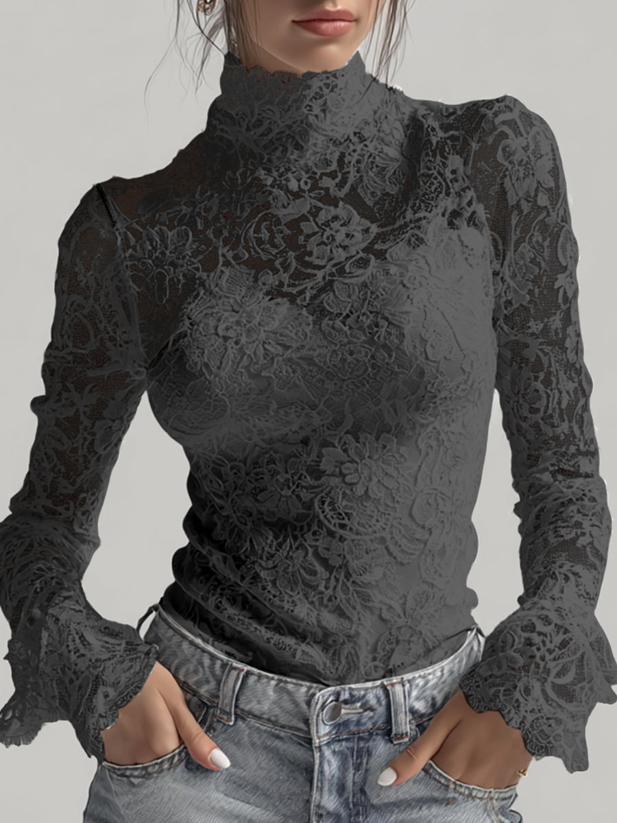 Ursiime White Sheer Lace High Neck Flare Sleeves Top & Camisole 2Pcs Set