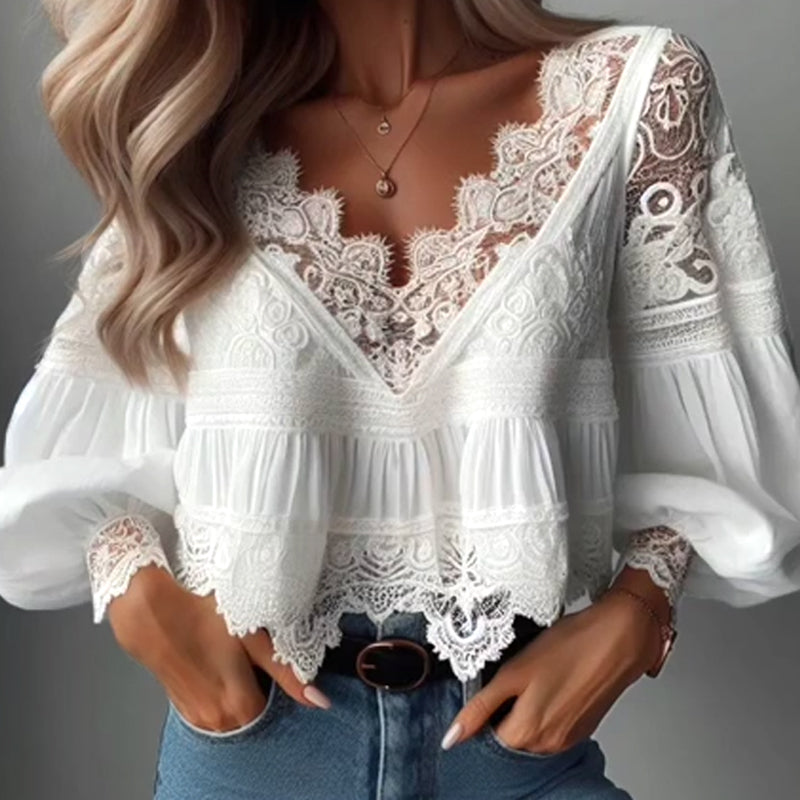 Everyday Lace Patchwork V Neck Lantern Sleeve Irregular Hem Blouse