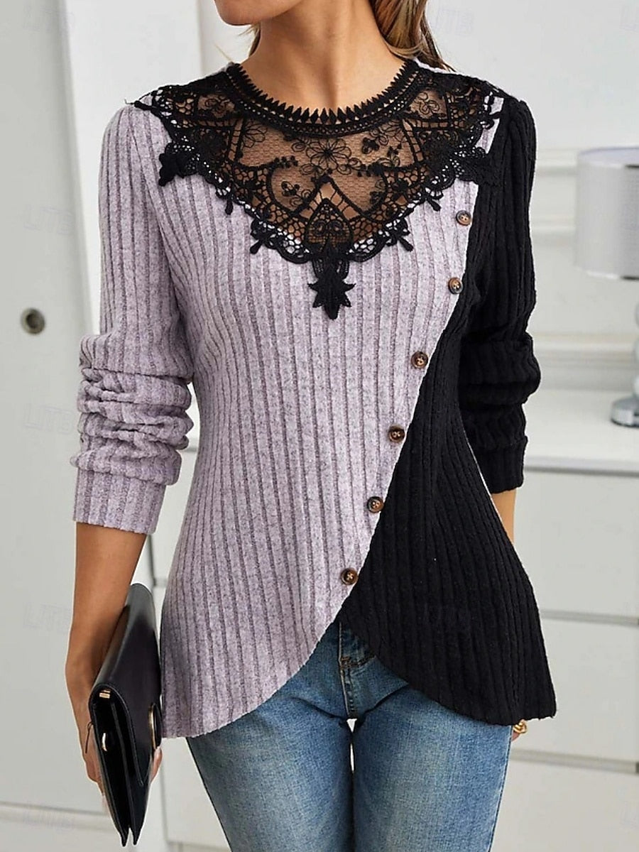 Casual Light Purple Lace Colorblock Ribbed Side Buttons Long Sleeve Blouse