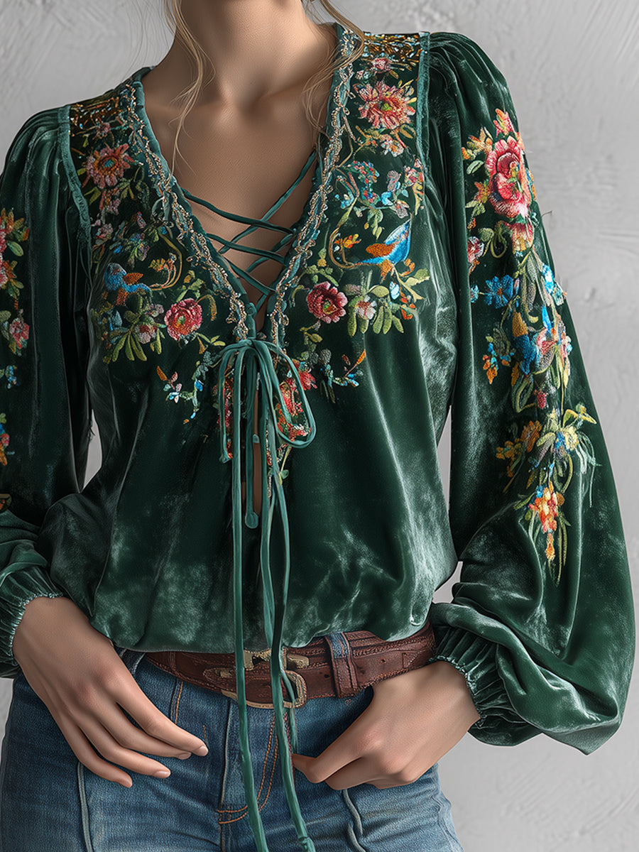 Ursiime Dark Green Velvet Floral Print Lace-Up V Neck Lantern Sleeve Blouse