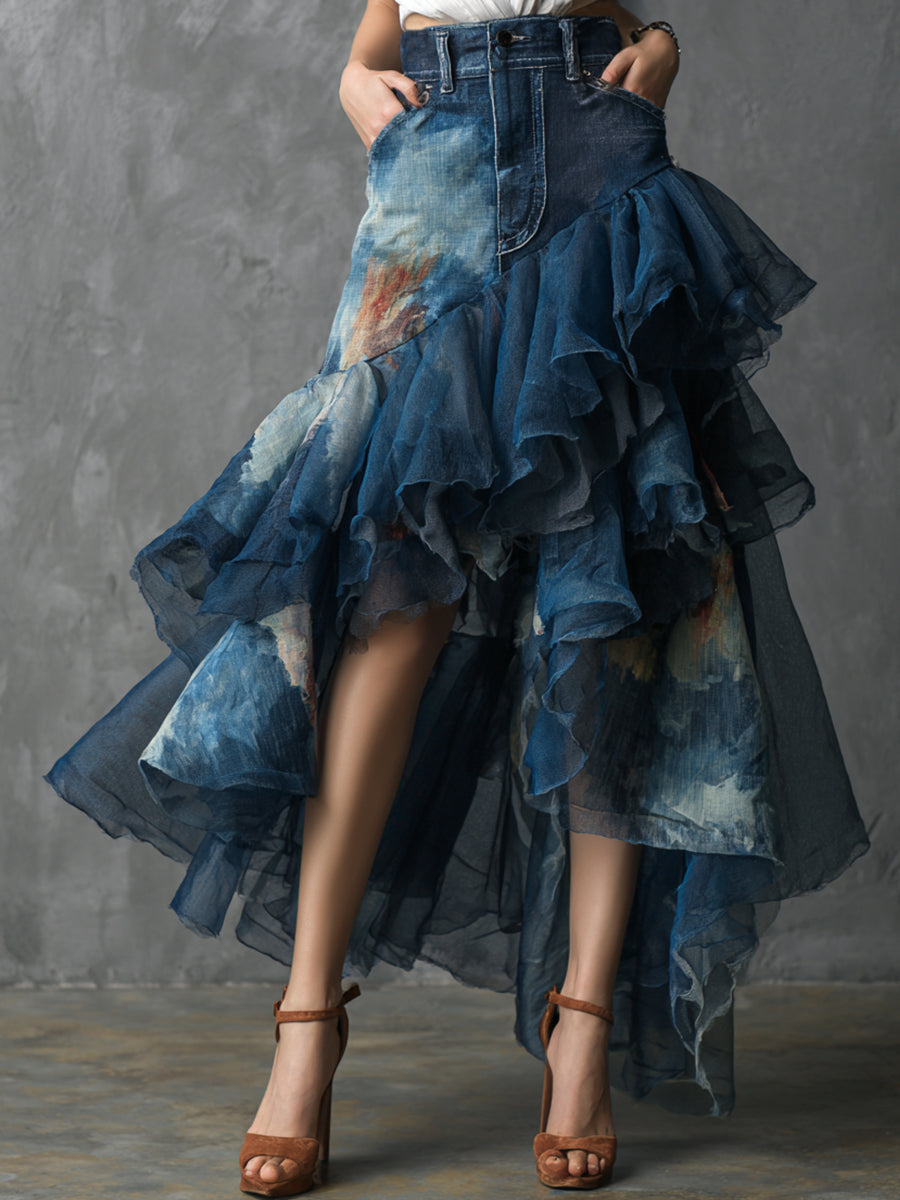 Ursiime Dark Blue Denim Printed Asymmetrical Ruffled Mesh Maxi Skirt