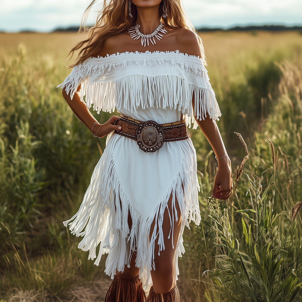 Ursiime Off The Shoulder Fringe Irregular Hem Midi Dress