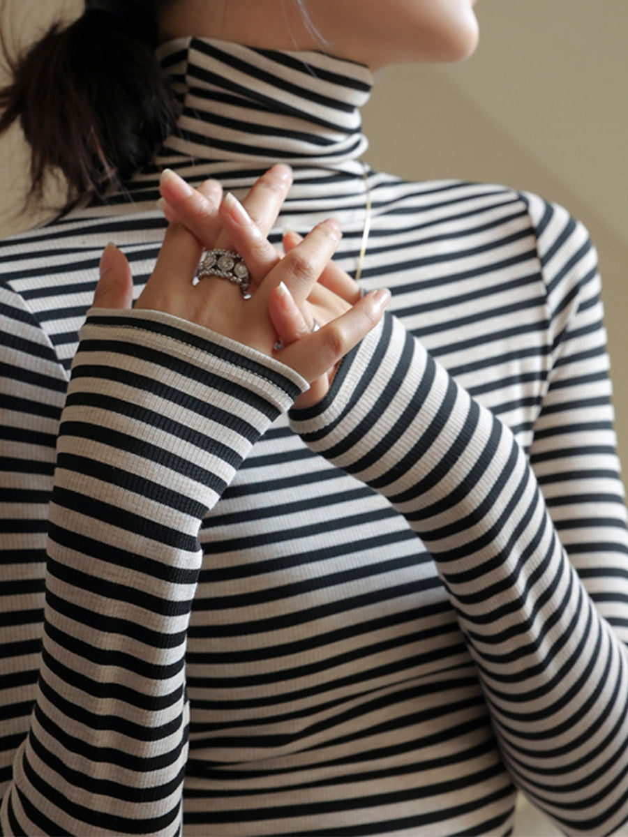 Casual Striped Turtleneck Long Sleeve Ribbed Knit Top