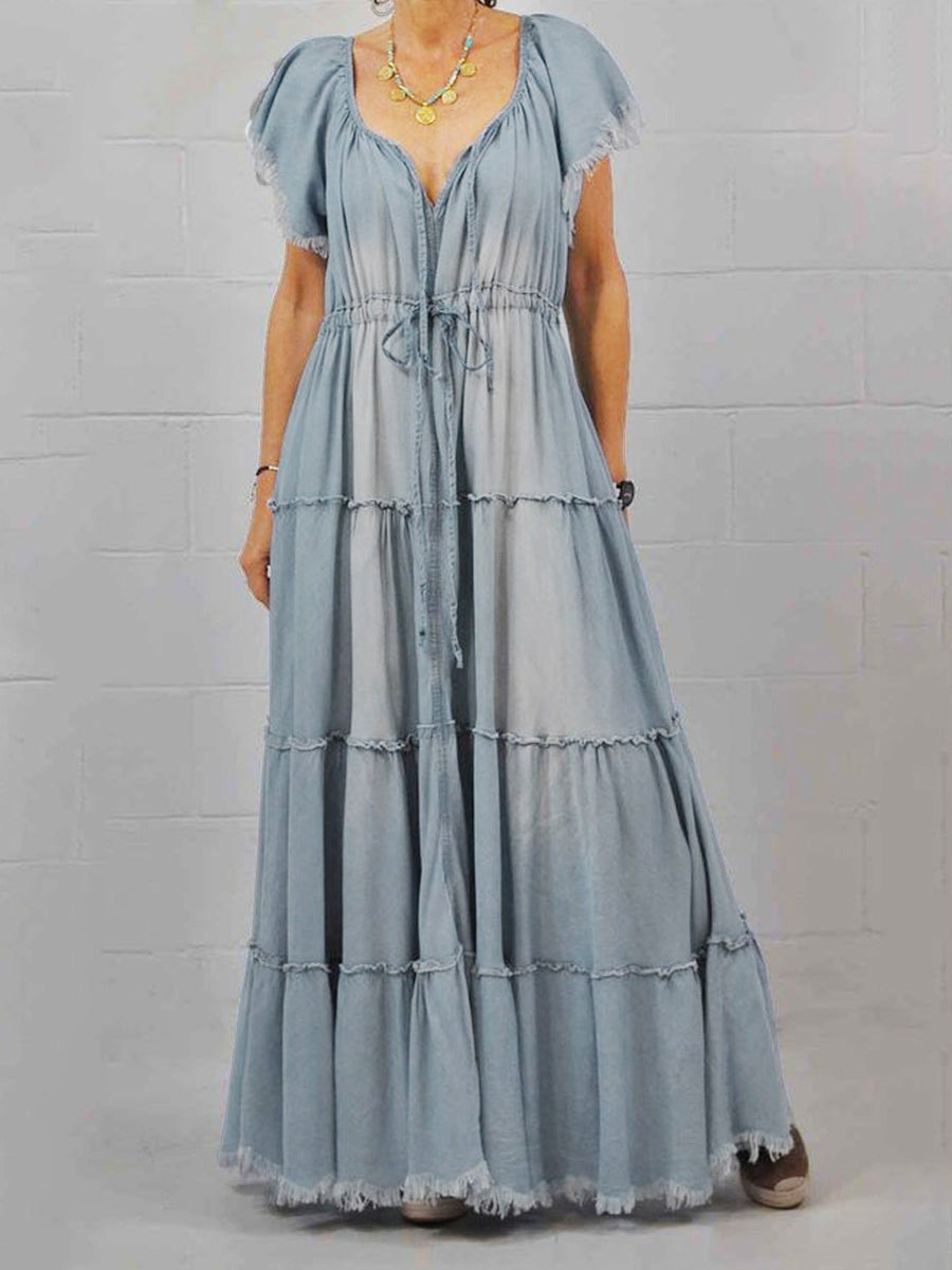 Washed Denim Tiered Drawstring V Neck Raw Edge Maxi Dress