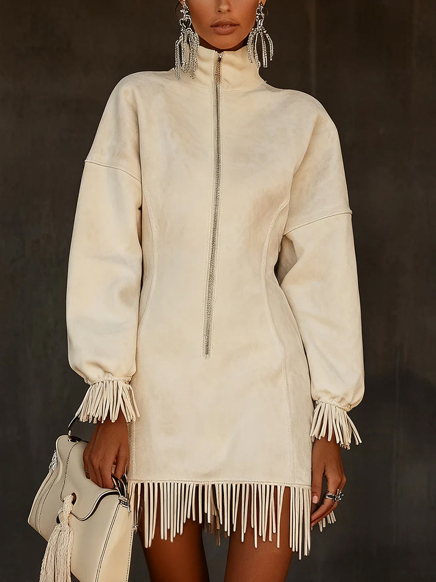 Casual White Stand Collar Long Sleeve Half-Zip Fringe Suede Mini Dress