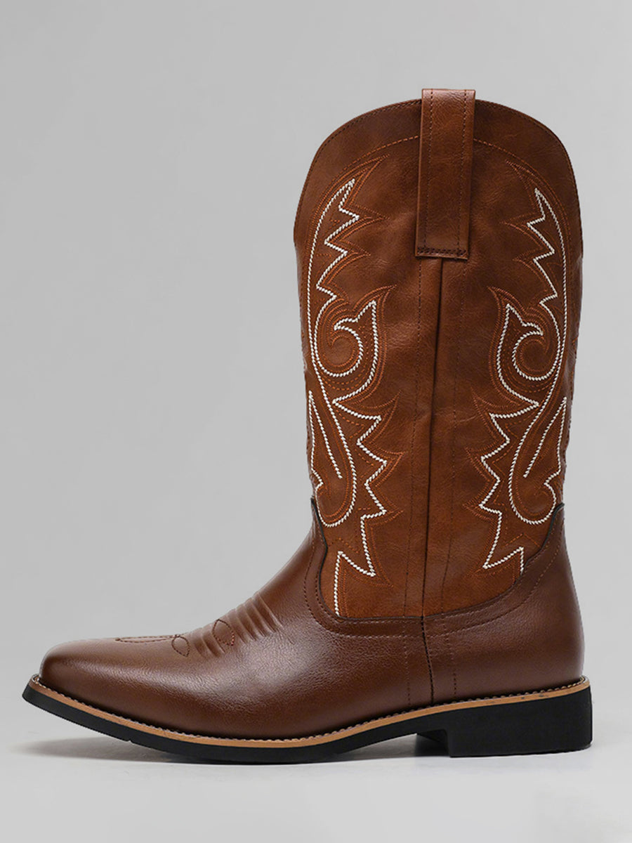Retro Brown PU Leather Embroidered Square Toe Western Cowboy Boots