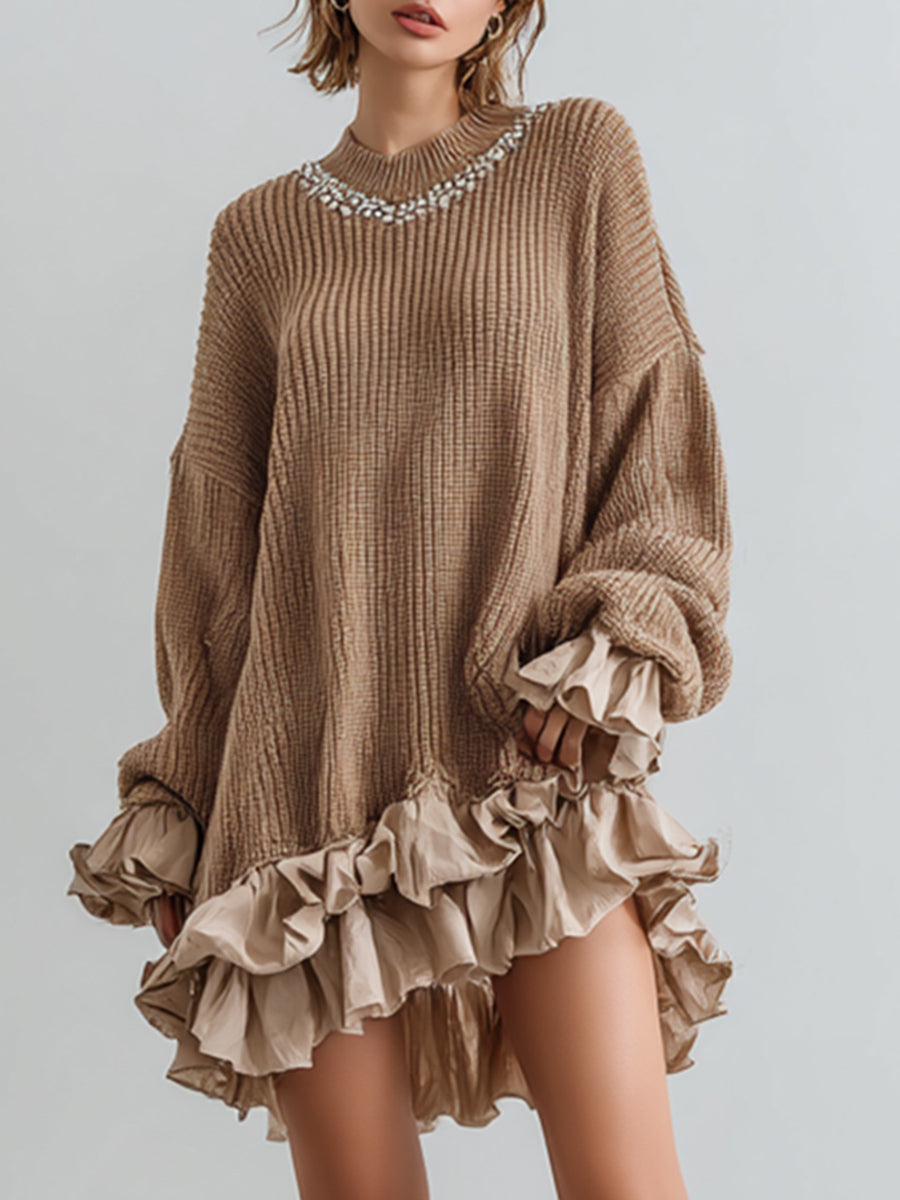 Ursiime Daily Khaki Round Neck Long Sleeve Ruffle Casual Contrast Mini Dresses