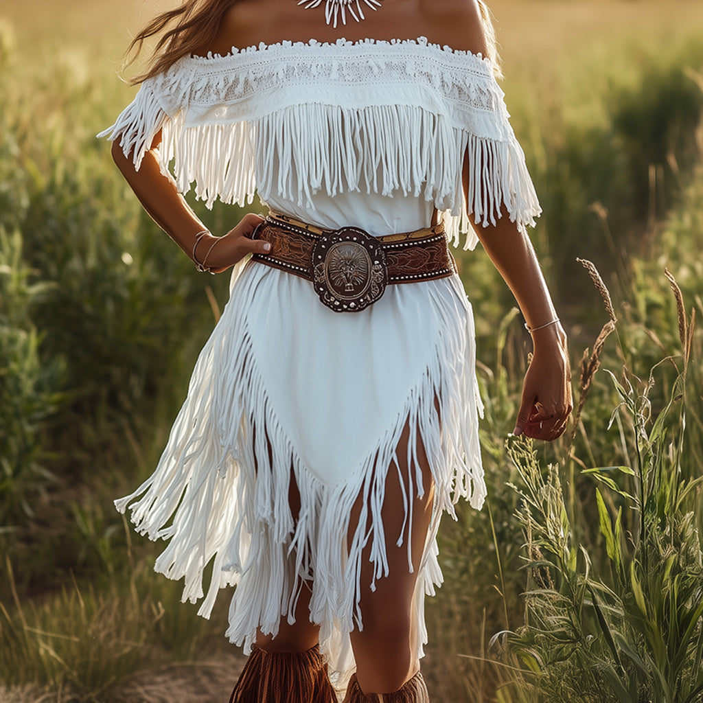 Ursiime Off The Shoulder Fringe Irregular Hem Midi Dress