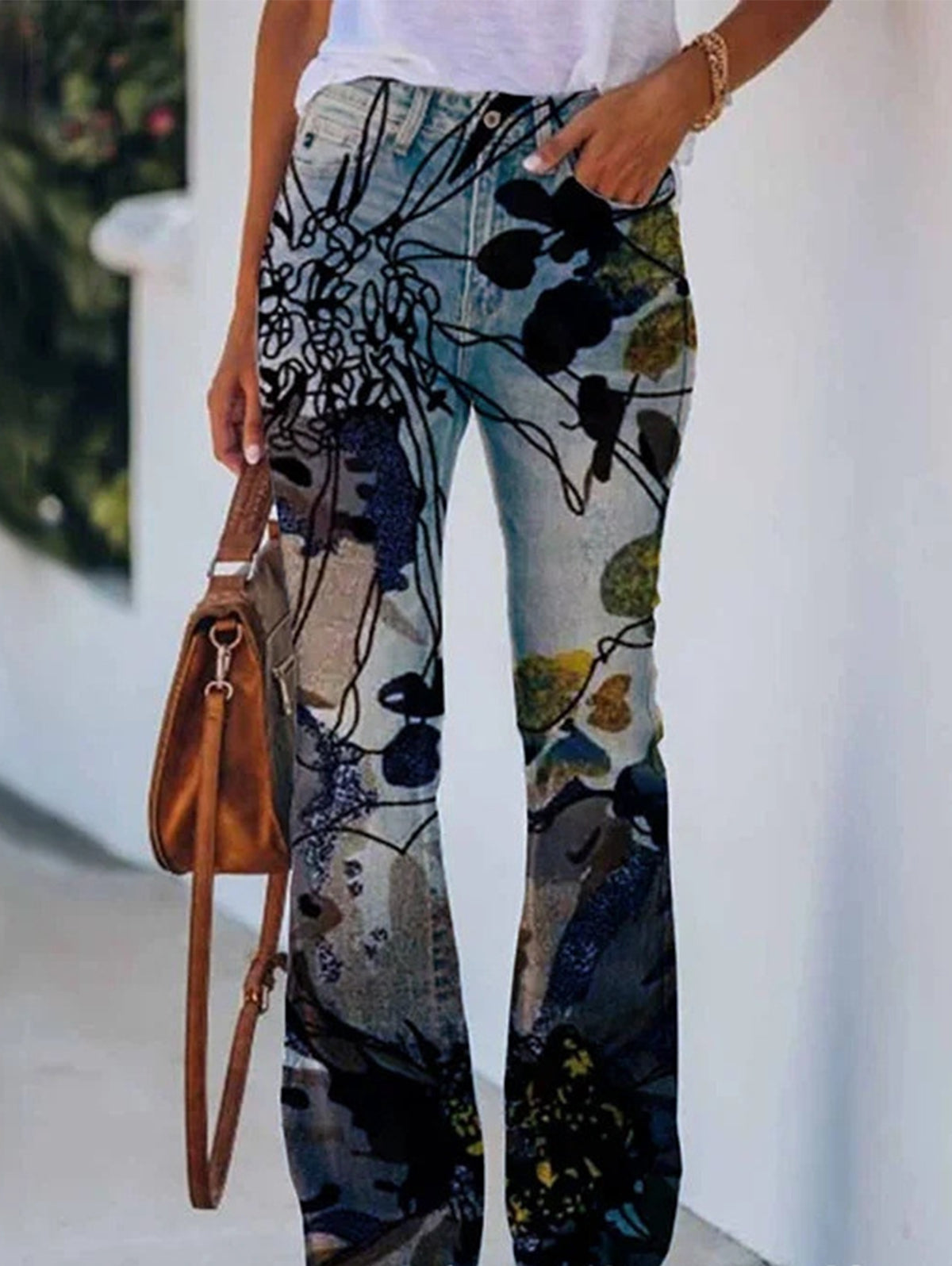 Daily Floral Graphic High Waisted Pocket Flared Pants