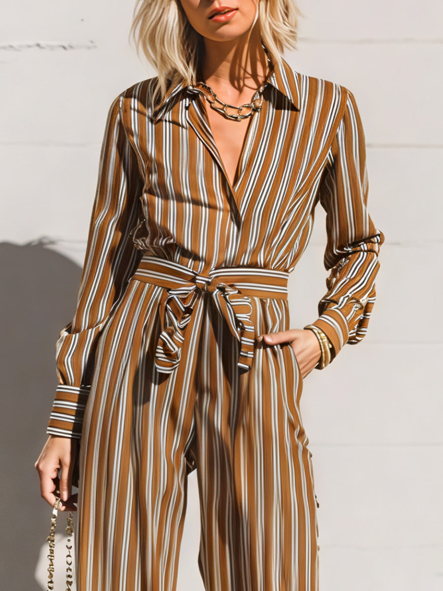Ursiime Business Casual Brown Striped Shirt Collar Long Sleeve Wrap Casual Pocket Jumpsuits