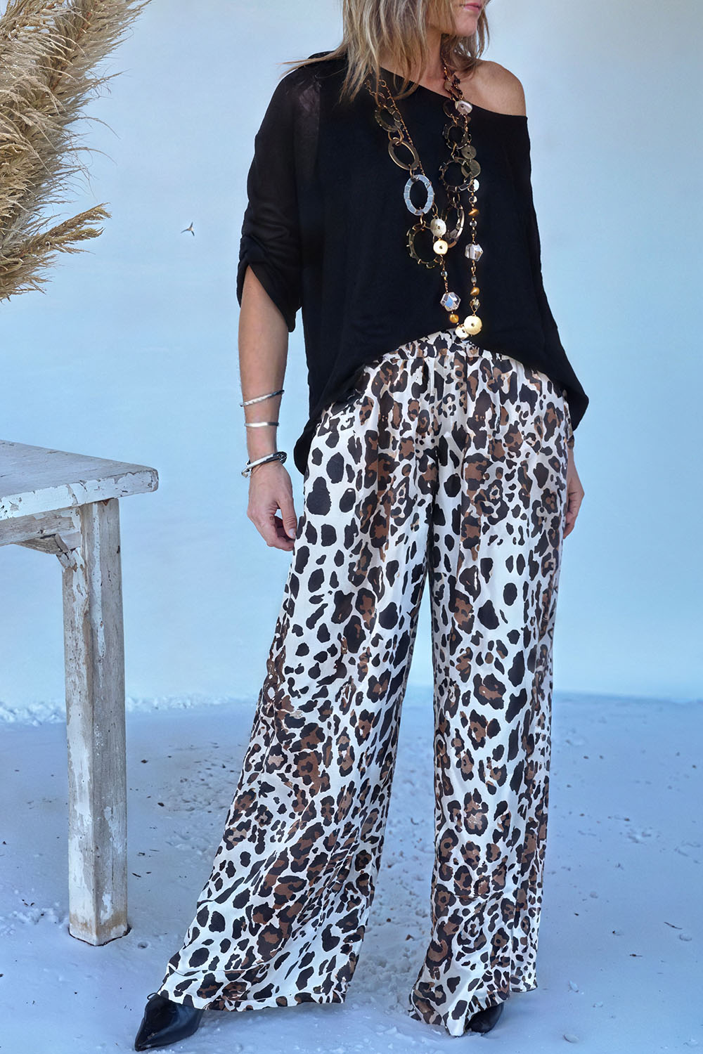 Ursiime Design Daily Black Leopard 3/4 Sleeve Pocket Elegant Two Piece Pant Sets [Pre-Order]