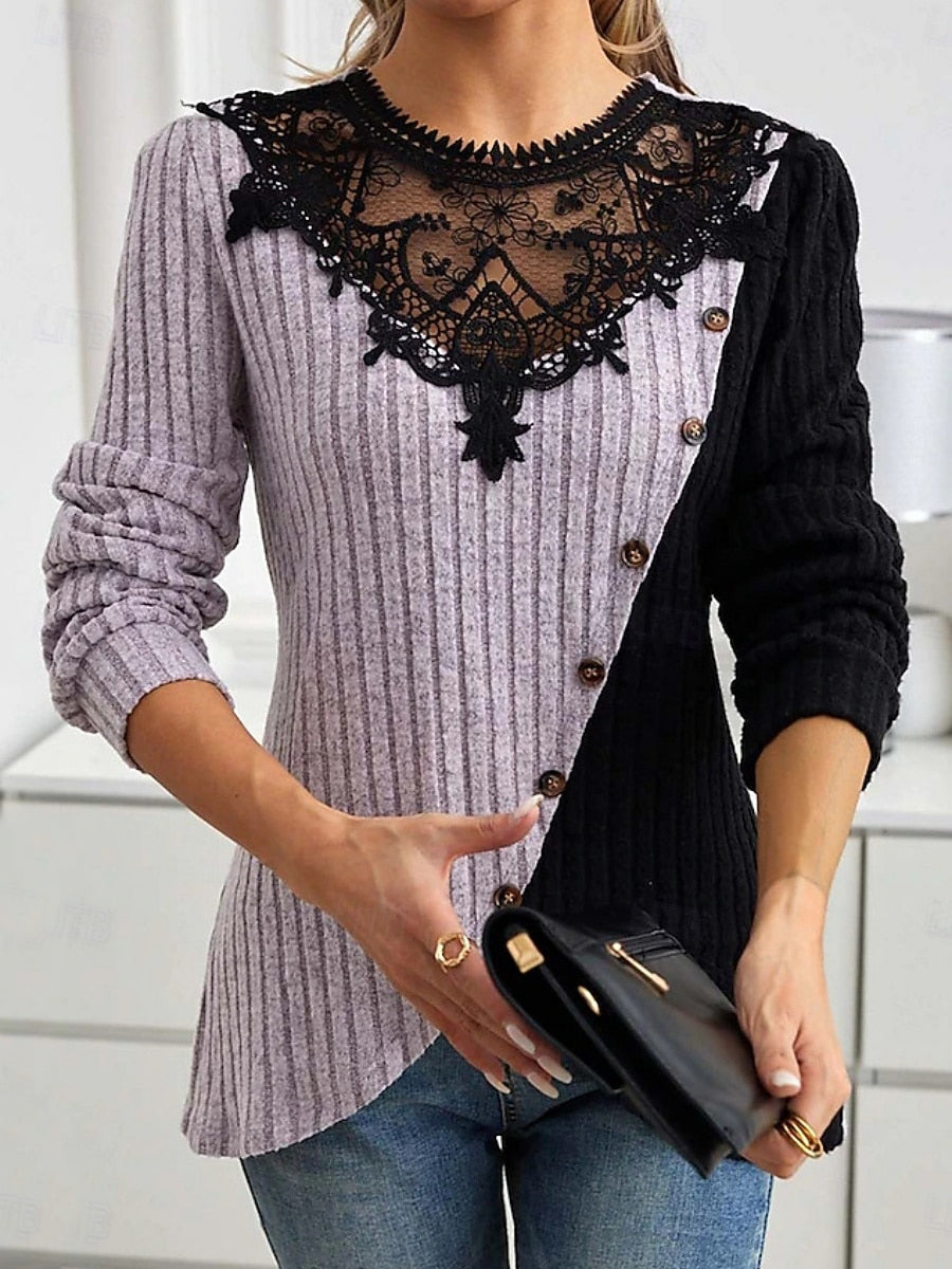 Casual Light Purple Lace Colorblock Ribbed Side Buttons Long Sleeve Blouse