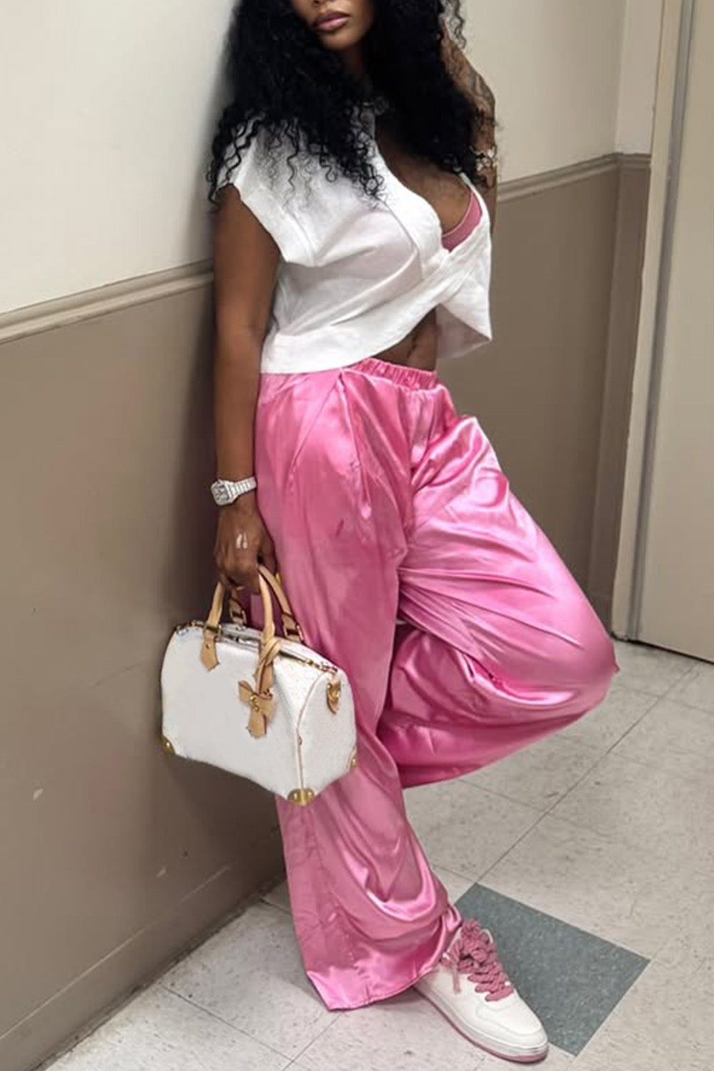 Ursiime Design Daily Pink Wide Leg Casual Satin Pants [Pre-Order]