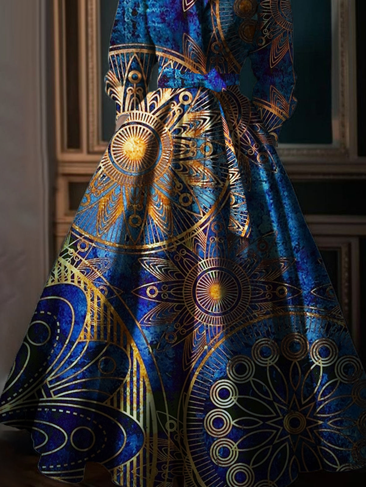 Ursiime Fashion Allover Pattern Stand Collar Belt Pocket Maxi Dress