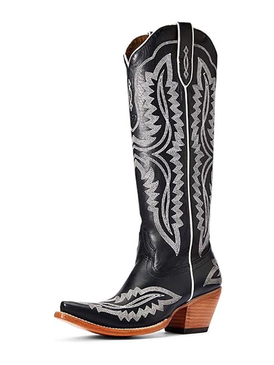 Western Yellow Brown PU Leather Leaf Stitched Patterns Pointed Toe Chunky Heel Boots